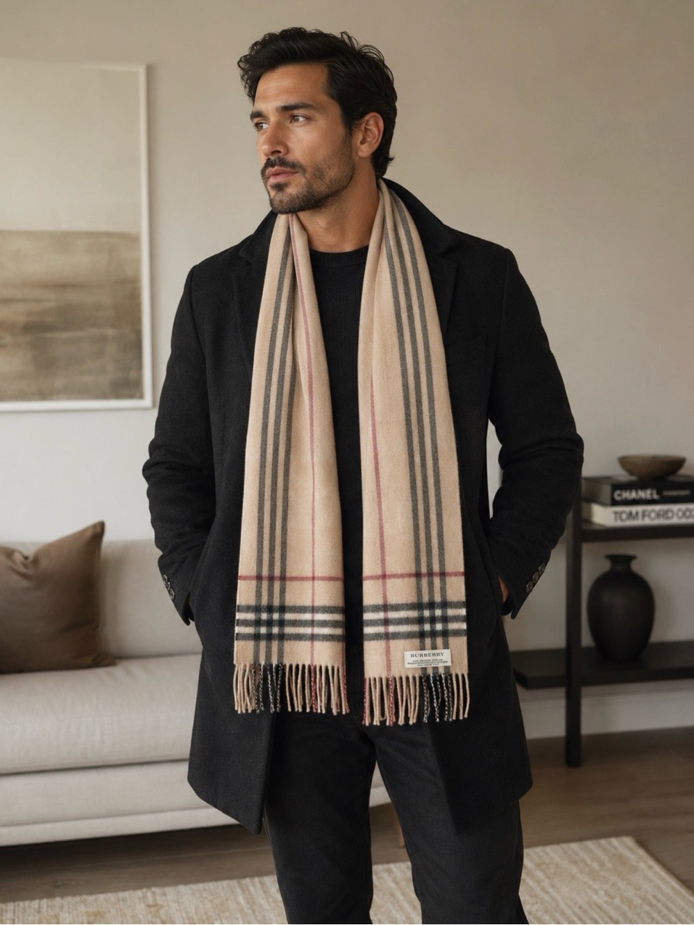Burberry Beige Bath Runner with Black and Red Stripe Detailing